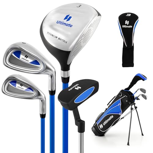 GYMAX Komplettes Golfschläger-Set für Kinder/Kinder, rechte Hand, inklusive #3 Fairwayholz & #7 & #9 Eisen, Putter, geschäumte Kopfbedeckung, tragbares Jugendgolfschläger-Set (für Alter 8-10, Blau)