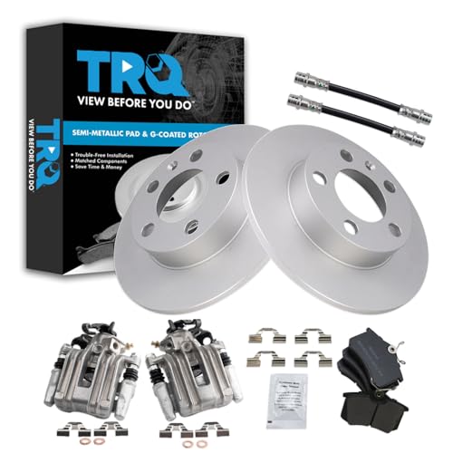 Image of TRQ Rear Brake Pad and Rotor Set Semi Metallic G Coated Rotors Calipers Compatible with 2007-2010 Volkswagen Beetle 1999 Golf
