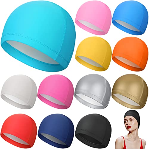 12 Pcs Fabric Swim Cap Women Swimming Cap High Elasticity Waterproof Swim Hats Keeps Hair Clean And Dry For Men Kids Long Hair Short Hair Pu Fabric One Size Hat,12 Colors #TOP28