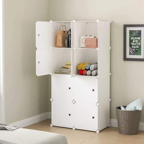 Cube Storage Organizer, 4Tier 8 Compartment Storage Cube Closet Organizer Shelf, Stackable Plastic Storage Cubes, Modular Closet with Hanging Rod, Ideal for Home, Bedroom, White