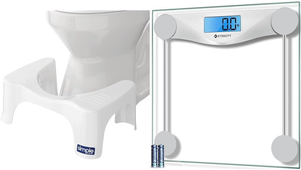 Taburete para inodoro Squatty Potty, blanco, báscula de baño de 7" y Etekcity, capacidad de 400 libras, vidrio templado de 6 mm