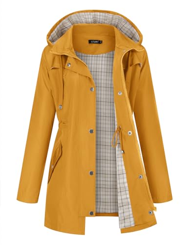LOMON Women Rain Jacket Lightweight Hooded Jackets Women Lined Trench Coats Waterproof Outdoor Hiking Raincoat Mustard Yellow L (Cute Plaid Lining)