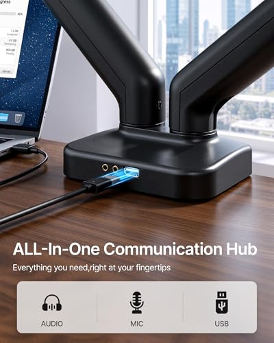 Image of monTEK Dual Monitor Arm with USB Ports for 17-32 inch Screen up to 19.8 lbs | Mechanical Spring, Full Motion Dual Monitor Mount, Flat /Curved Screen, USB /Audio Ports, Steel, Clamp /Grommet, VESA 75 /100mm