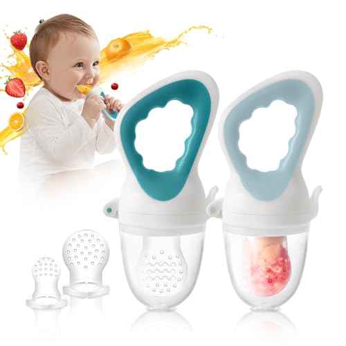 Image of HAOBAOBEI Baby Solids/Frozen Fruit Feeder Pacifier, Infant Teether Toy 4M+, BPA-Free Silicone Pouch & Nipple, Safely Introduce Solids, Teething Relief, 2-Pack - White/Blue (Candy)