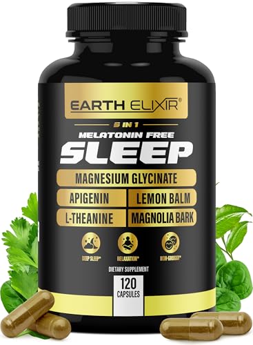 Earth Elixir 5-in-1 Melatonin Free Sleep Aid – Magnesium Glycinate, Apigenin Supplement for Sleep, L-Theanine, Lemon Balm Capsules, Magnolia Bark Extract Capsules – Sleep Supplement Without Melatonin