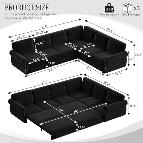 Image of KCGKCG 118 inch Sleeper Sofa Bed, Sectional Couches for Living Room /Apartment, Chenille L Shaped Couch with Pull Out Couch Bed, Convertible Sectional Sofa with Rolled Arm & Nailhead Trim, Black