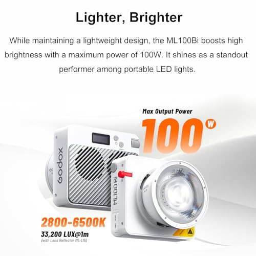 Image of Godox ML100BI ML100 BI 100W Bi-Color LED Video Light,2800-6500K 33200LUX@1m,11 FX Modes,CRI 96 TLCI 97,Pocket-Sized,APP Control,Godox Mount Continuous Output Lighting for Photography,Video Recording