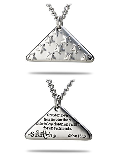 Shields of Strength Men's Stainless Steel Silver Folded Flag Pendant Necklace John 15:13 Bible Verse Faith Goldstar Fallen Officer Police Soldier Gift