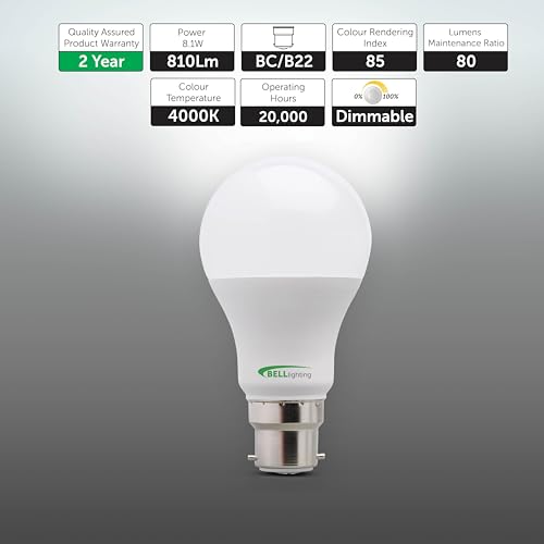 BELL Lighting B22 Bayonet Light Bulbs GLS LED 3 Pack | Cool White 4000K | 810lm 8.1W | Energy-Saving 60W Equivalent | Electric LED-Light | Dimmable