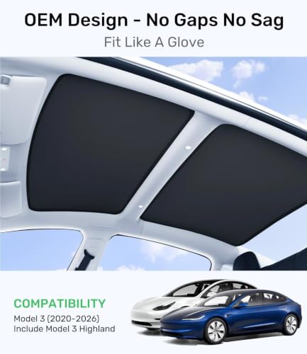 Image of Zanch Tesla Model 3 Sunshade Roof for 2020-2026, Black | No Sag, Heat Insulation, Foldable Roof Shade, UV Protection, Custom Fit for Model 3 & Highland