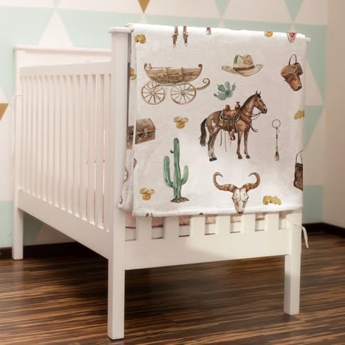 Image of Western Cowboy Baby Blanket for Boys Cowboy Hat Boots Coins Cactus Horse Flannel Swaddle Blanket Soft Receiving Blankets Newborn Toddler Nursery Bed Blankets Stroller Crib Playmat 30x40