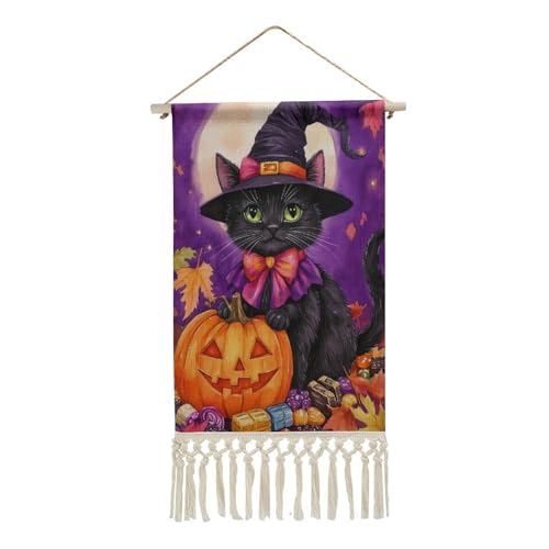 Jubonexis Arazzo da parete in lino, simpatico gatto nero con abbigliamento per Halloween, zucca, poster vintage da appendere alla parete con nappa e asta in legno