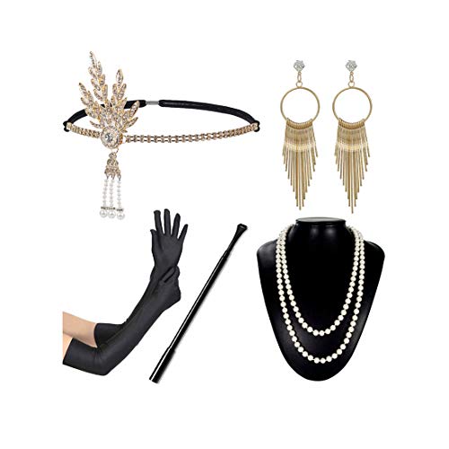 1920s Flapper Accessories Women 20s Headpiece Necklace Cigar Holder Gloves Gatsby Costume Set for Prom Party