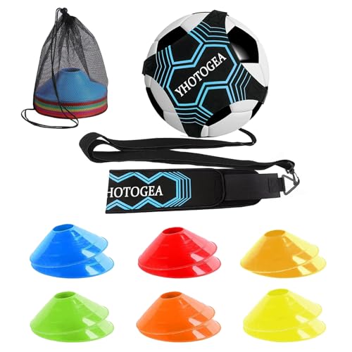 YHOTOGEA - YHOTOGEA Fussball Trainingszubehör, Fussballtrainer und 12 Hütchen, Fußball Geschenke Jungen, Kinder und Erwachsene, Verstellbarem Taillengürtel für Bälle Größe 3/4/5 (Blau)