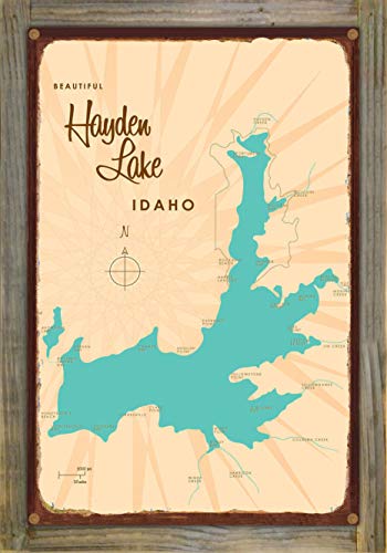 Hayden Lake Idaho Retro Steel Metal, with Oxidized Border and Mounted on Real Reclaimed Barn Wood, Wall Art Map Poster 12" x 18". Distinctive Wall Decoration for Home, Cabin, or Office