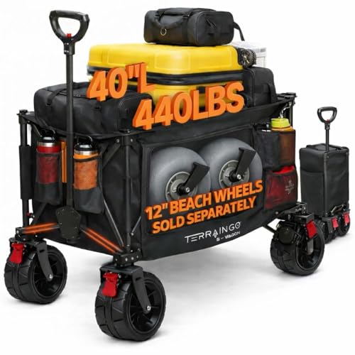 TerrainGO Foldable Utility Wagon Cart with Interchangeable All Terrain Wheels Patent Pending Collapsible Beach Wagon - Camping Essentials with Cooler Pouch, Storage Pockets, and Cup Holders
