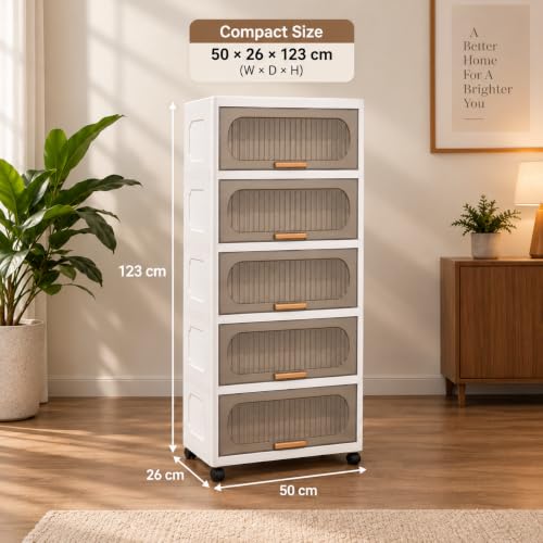 Image of KRISHYAM 5-Layer Plastic Storage Cabinet with Lift-Up Doors & Wheels, Smoky Translucent Multipurpose Clothes Organizer for Bedroom, Kids Room & Home, 123 x 50 x 26 cm