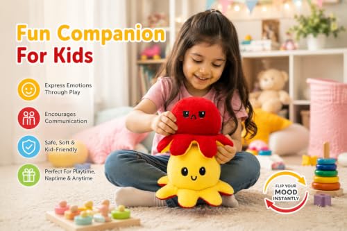 Image of Reversible Octopus Plush Toy 18 cm | Flip Mood Soft Toy | Double-Sided Happy & Angry Expression | Super Soft Stuffed Animal Plushie | Cute Kids Gift, Stress Relief Toy, Home Decor (Red - Yellow)