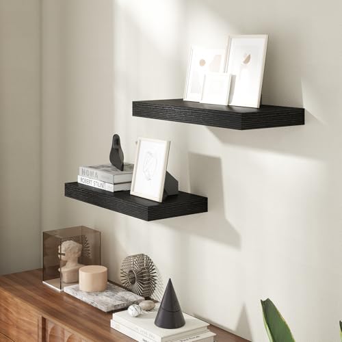 Image of 20 Inch Floating Shelves for Wall, 8 Inch Deep Floating Shelf for Storage & Display, Rustic Wall Mounted Shelf with Invisible Brackets for Living Room, Kitchen, Bathroom, Home Decor, Set of 2, Black