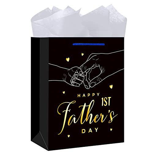 BIZIBAFF First Fathers Day Gift Bag - 13' Large Father's Day Gift Bag with Tissue Paper Happy 1st Father's Day Paper Bag for First Time Dad New Dad Daddy