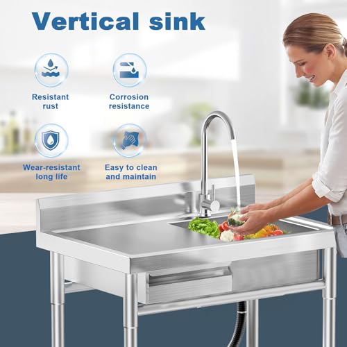 Image of 39 inch Stainless Steel Utility Sink with Workbench & Drawer, Laundry Sink