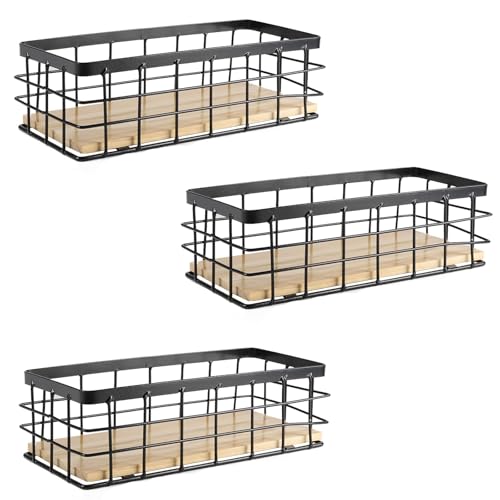 Gzsekken Wire Storage Basket Bins Organizer,Metal Small Basket Wall Mounted with Wood Base Bathroom Storage Organizer Bin Basket for Kitchen Cabinets, Bathroom, Pantry, Garage, Laundry Room-3Pack