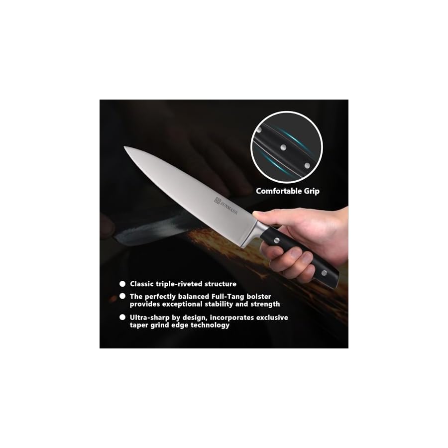 Knife Set, 7 Piece Sharp Chef Knife Set with Solid Wood Block, Unique One-Sided Magnetic Design, Full-tang Stainless Steel Knife Block Set for Home and Restaurants, Classic Elegant Black