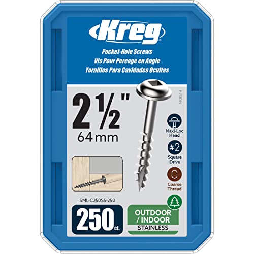 Kreg SML-C250S5-250 Vis à trou de poche en acier inoxydable 2 1/2', tête de rondelle grossière #10, 250 pièces