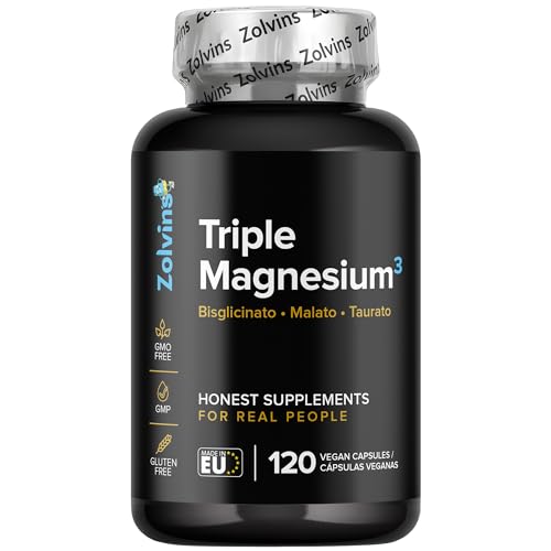 Magnesio 3 Sin formas laxantes, Triple Complex con Bisglicinato Malato Taurato más Vitamina B6 Activa Complejo Total de Magnesium Puro Natural Suplemento mejor con glicinato quelado 120 Capsulas Vegan