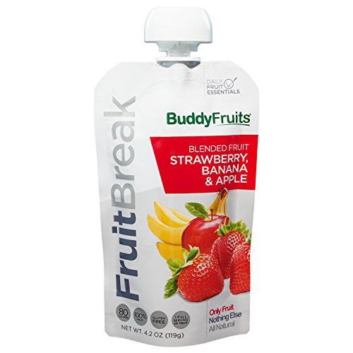 Buddy Fruits Pure Blended Fruit Break Strawberry, Banana and Apple Applesauce | 100% Real Fruits Pouches | Non GMO, Vegan, Gluten Free, No Preservatives, BPA Free | 4.2oz Pouch 14 Pack