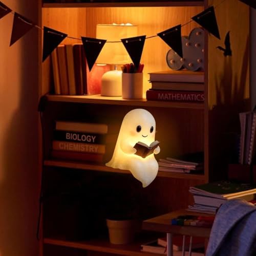 Cute Ghost Reading Book Lamp, Halloween Ghost Night Light, Ghost Reading Night Lights, 3D LED Night Light Halloween, Light Up Halloween Decor, for Bedroom Study Room, Readers (6 Inch)