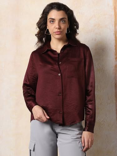 Image of High Star Women Boxy Spread Collar Long Sleeves Solid Shirts 43