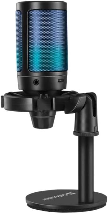 Side view of Defender Impulse GMC 600 RGB Microphone with blue lighting and headphone jack