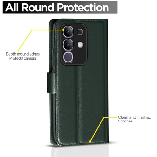 Image of Amazon Basics Flip Cover for Vivo T4x 5G / iQoo Z10x 5G Leather Finish | Wallet Stand and Shock Proof | Inside TPU with Card Pockets | Complete Protection Flip Case(Green)