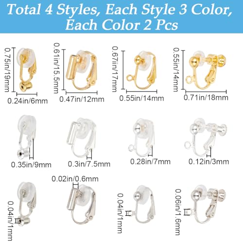 SOFPLATE 1 Box 24Pcs 12 Style Gold Earring Converter Silver Clip on Earrings Converter Brass Non Pierced Real 18k Gold Plated with Pad Screw Back Clip Earring Findings for jewellery Making Supplies DI - Image 2