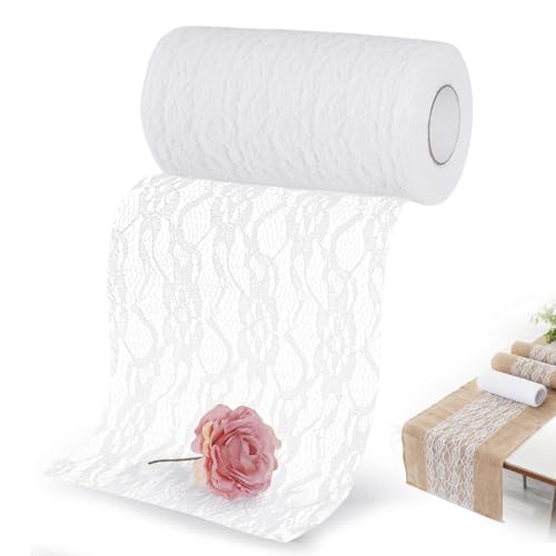 Biigdan -Tischläufer Spitzenband Weiß 15 * 1000cm，,für Zeremonie Festival Ereignis Tabellen-Hochzeits Dekorationen(Hochwertigem Polyestergarn)，Exquisit Spitze Tischdeko Waschbar & Schneidbar