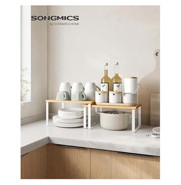 Kitchen Cabinet Organizer Shelves - Set of 4, Stackable Counter Shelves, Spice Rack, Expandable Metal & Wood Storage - Cloud White & Beige