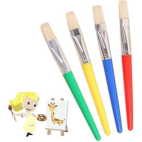 Kids Paint Brushes, 4 Pcs Childrens Paint Brushes Set Flat Tip Painting Brushes Starter Set with Handle and Hog Bristles, Colorful Paint Brushes for Kids Children Toddlers Beginners Art Supplies Cover