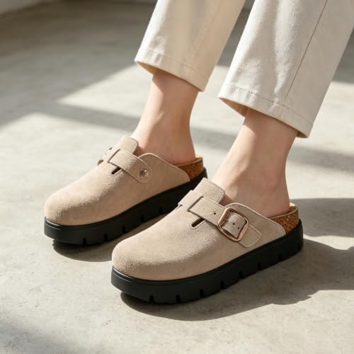 Image of Women's Suede Platform Clogs Chunky Mules Slip On