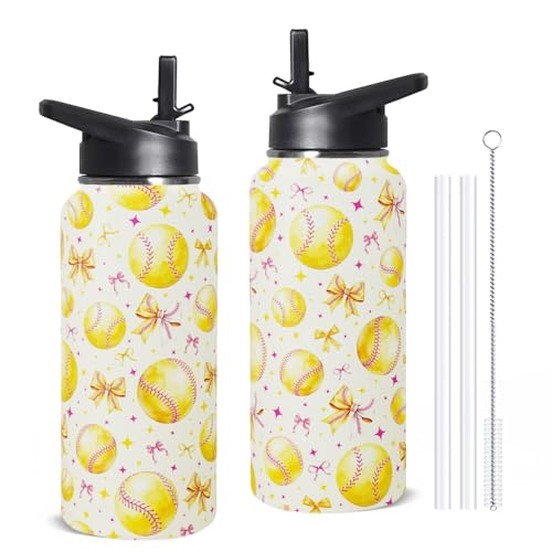 TWBDMKC 32oz Softball Bow Insulated Water Bottle with Straw Sports Coffee Mug Cup Softball Gifts for Women Sports Decor Accessories
