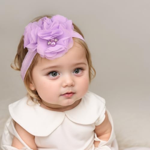 Lace Flower Baby Girls Headband with Pearl Rhinestone Fabric Floral Elastic Toddlers Hairbands Birthday Party Hair Accessoties for Newborn Infant (Purple A, Standard Small)3
