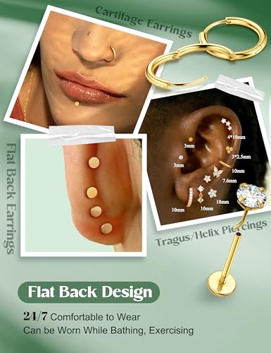 BESTEEL Threadless Flat Back Earrings Hypoallergenic - 9 Pairs 316L Surgical Steel Push in CZ Studs & Hoops Set for Women Men 14K Gold Plated Cartilage Tragus Helix Nose Piercing Jewelry 16G 18G4