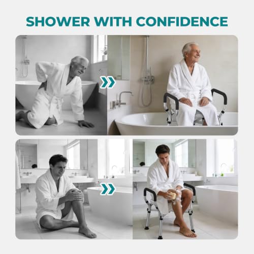 Image of Shower Chair for Inside Shower with Arms & Back, 550 lbs, 6 Heights | Dual Crossbar Frame, Non-Slip Feet, 22-Inch EVA-Cushioned Seat, Showerhead Holder, Rust-Resistant Aluminum, Tool-Free Setup