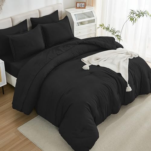 Litanika Comforter Queen Size Set Black - 7 Pieces Bed in a Bag Queen Bedding Comforter Sets, Plain Lightweight Bed Set with Comforter, Sheets, Pillowcases & Shams