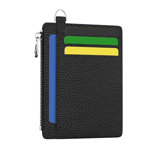 Image of Hancynir Black Minimalist Slim Wallet Women Credit Card Holder RFID Small | Zipper Pocket Wallet, Thin Travel Coin Purse, Ladies Women Men Gifts, Cute Card Case, 6 Card Slots, ID Window, PU Leather