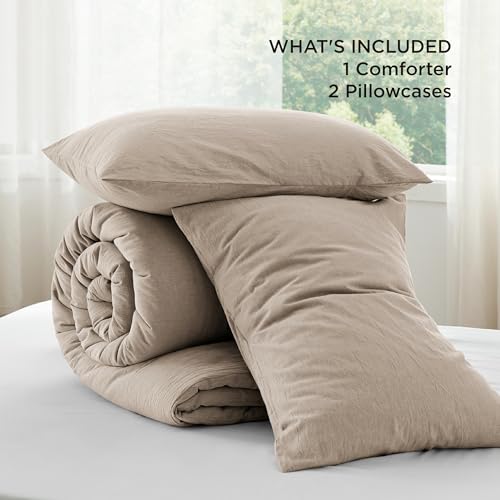 Image of Bedsure Comforter Set Full Size - Cotton Fabric with Microfiber Inner Fill, Taupe PureWoven Soft Bed Set for All Seasons, 3 Pieces, 1 Comforter 1 Comforter (82 inch x 86 inch) and 2 Pillow Cases (20 inch x 26 inch)