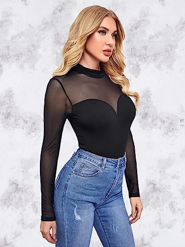 Verdusa Women's See Through Mesh Long Sleeve Mock Neck Skinny Leotard Bodysuit Black Plain S #TOP3