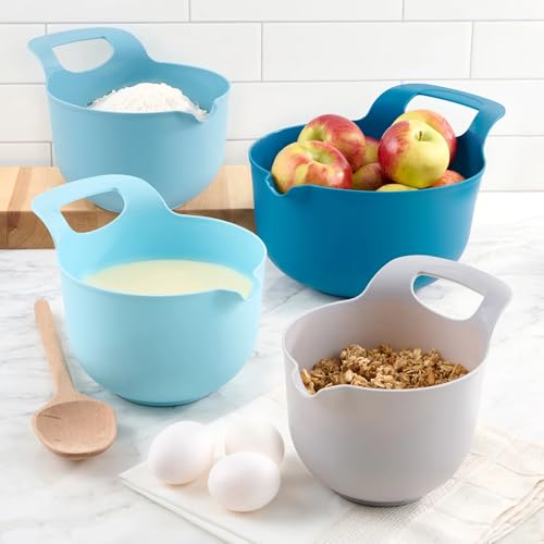 Set de 4 tazones plásticos anidados con pico y mango, azul miniatura 2