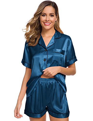 Image of SWOMOG Womens Silk Satin Pajamas Set Two-piece Pj Sets Sleepwear Loungewear Button-Down Pj Sets Peacock Blue