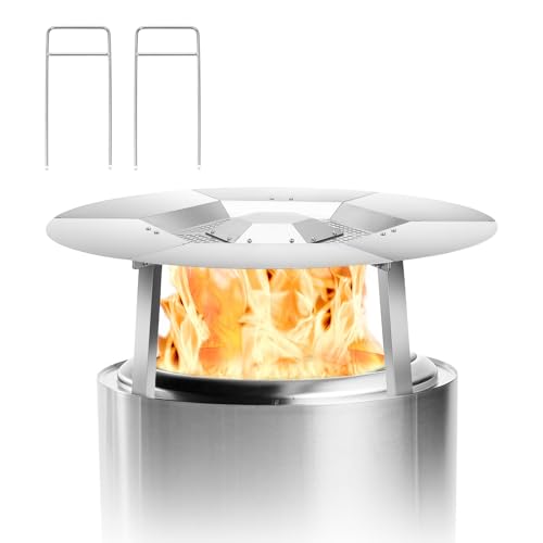 Feuerstelle, Hitzeschutz, für Solo-Herd, Lagerfeuer, 49,5 cm, 304 Edelstahl, tragbarer Wärmeverteiler, Zubehör für Feuerstelle, erfasst Wärme, abnehmbare Brennerabdeckung mit Griff und Beinzubehör